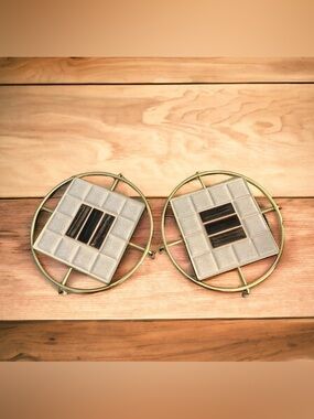 Vintage Mid Century Modern Mosaic Tile Trivet Set of 2 Brass Base Stoppers